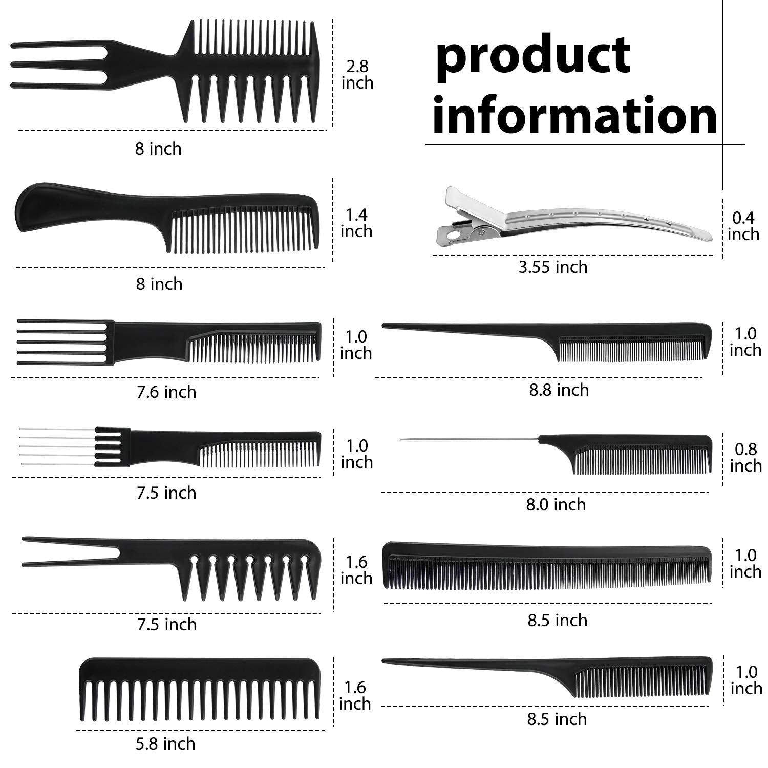 Boao Barber Hair Styling Comb Set with Duck Bill Clips, 10 Pieces Each, Salon Anti-static Stylists Comb Clip Set for Women Men (Black)