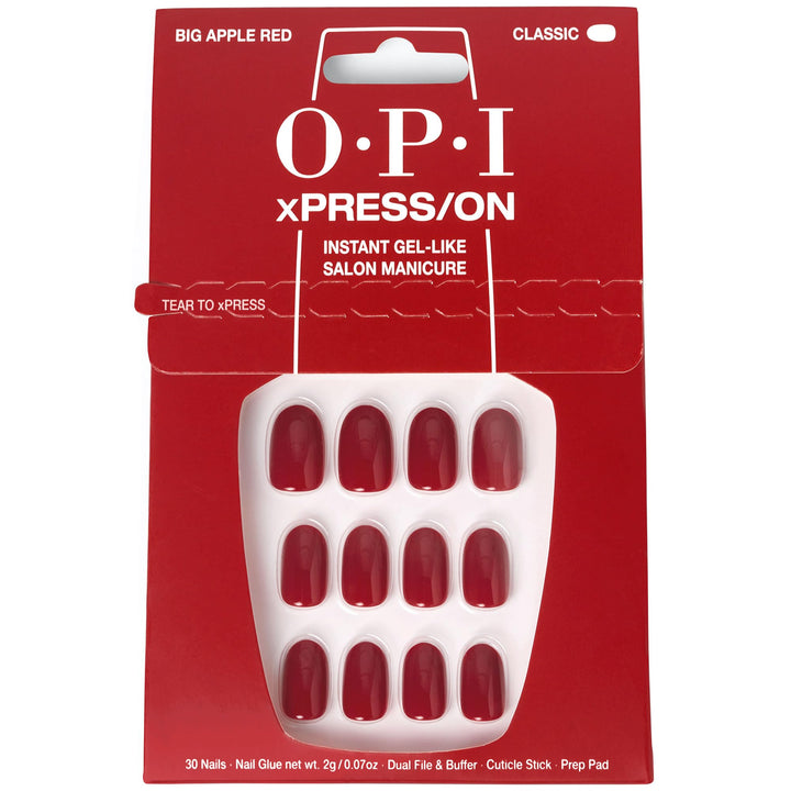 OPI xPRESS/ON Big Apple Red | Classic Red Short Round Press On Nails | With Nail Glue | Long Lasting, Reusable, Non-damaging