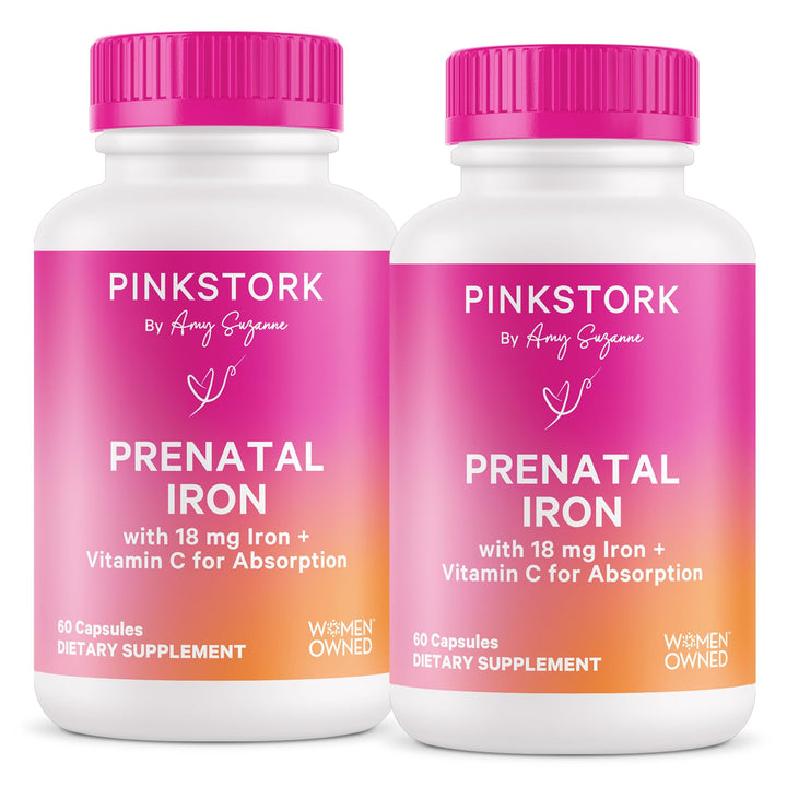 Pink Stork Prenatal Iron Supplement for Women - 18 mg Non-Constipating Iron & Vitamin C for Pregnancy, Postpartum, & Breastfeeding - Focus, Fatigue, & Blood Cell Production - 4 Month Supply