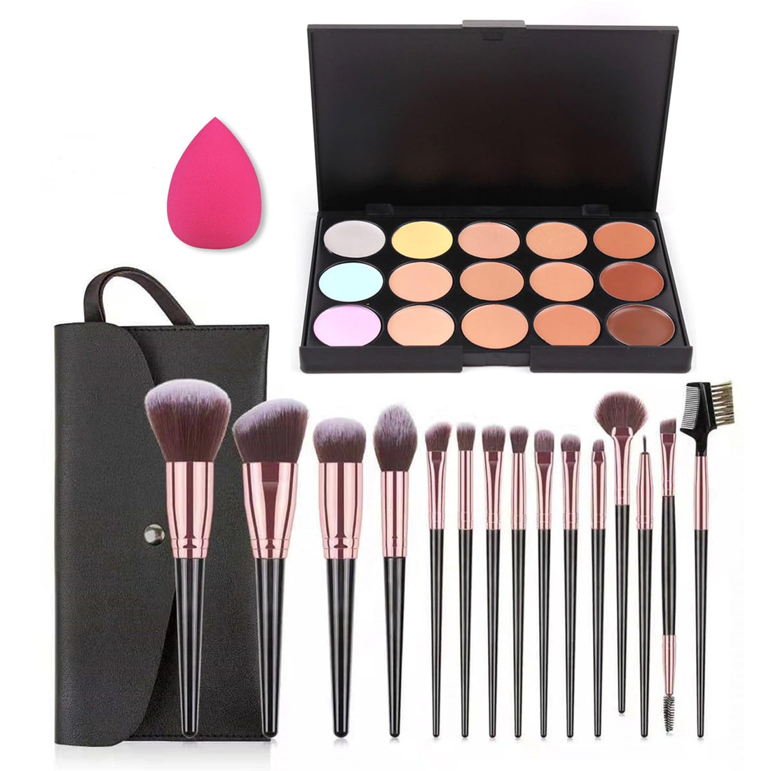 Pure Vie® Pro 24 Pcs Make Up Brushes + 1 Sponge Puff + 15 Colors Cream Concealer Camouflage Makeup Palette Contouring Kit for Salon and Daily Use