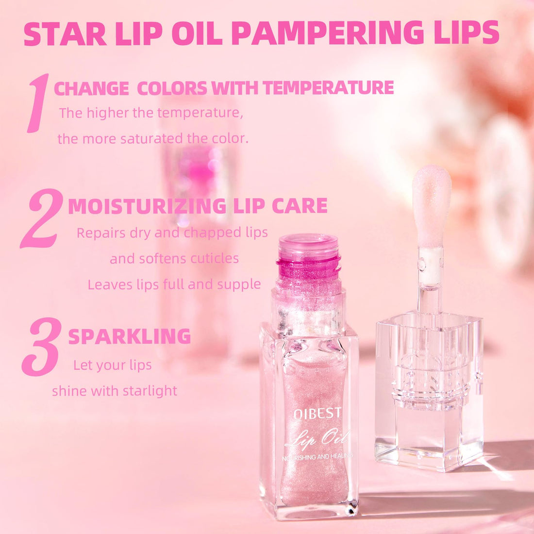 Bekoeen 2Pcs Magic Color Changing Lip Oil - Big Brush Hydrating Glimmer Gloss, Long Lasting Moisturizing Smooth Non-Sticky Balm, Fresh Stain for Girl's Lip Care