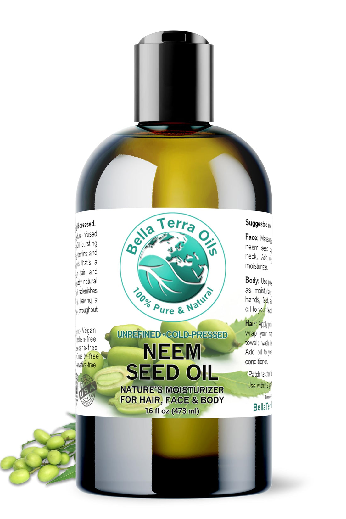 Neem Oil 16 oz 100% Pure Cold-pressed Unrefined Organic - Bella Terra Oils