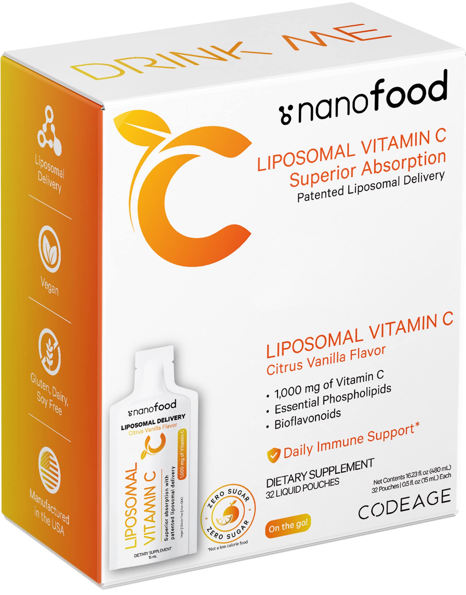 Codeage Liposomal Vitamin C Liquid 1000mg Vitamin C, 4000mg Essential Phospholipids, Supplement For Daily Immune Support, Liposomes For Absorption, Citrus Bioflavonoids, Vitamin E, Non-GMO, 32 Pouches