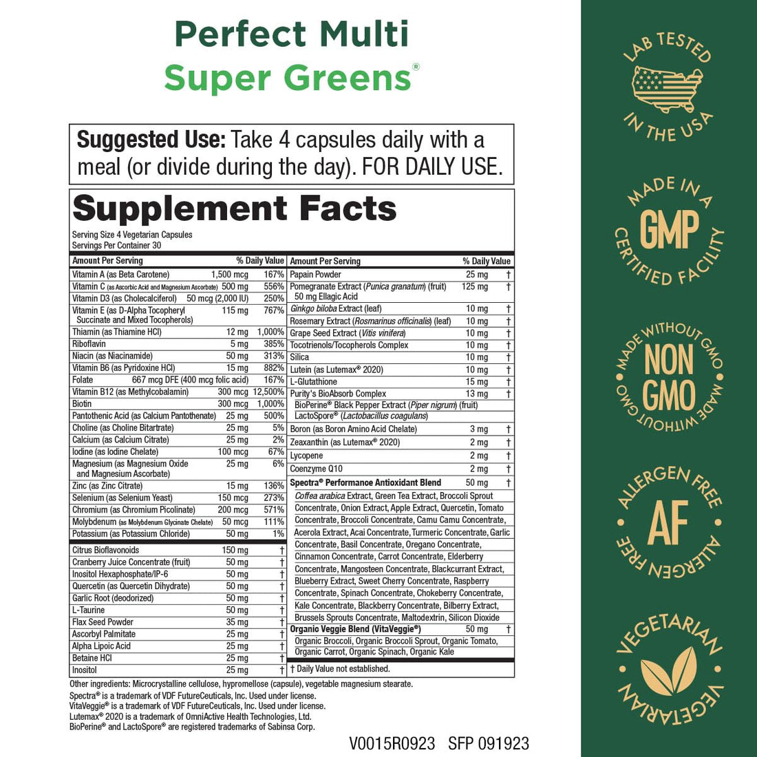 Purity Products Perfect Multi Super Greens Dietary Supplement Health Nutrition, 120 count
