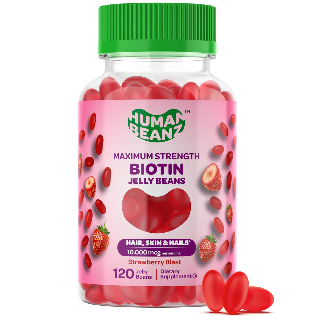 Human Beanz Biotin Jelly Bean Gummy Vitamins, Max Strength Biotin for Hair, Skin and Nails, 10000mcg per Serving, Hair Growth Vitamins for Men and Women, 120 Strawberry Blast Jelly Beans, Kosher