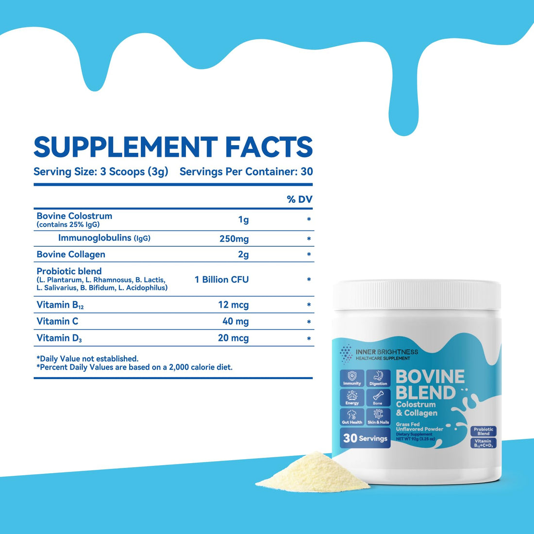 Inner Brightness Bovine Colostrum & Collagen Powder for Gut Health, Immune Support, Hair Growth & Beauty Supplement, Sugar Free – IgG, Probiotics, Vitamin B12, C, D3 – Unflavored, 30 Servings