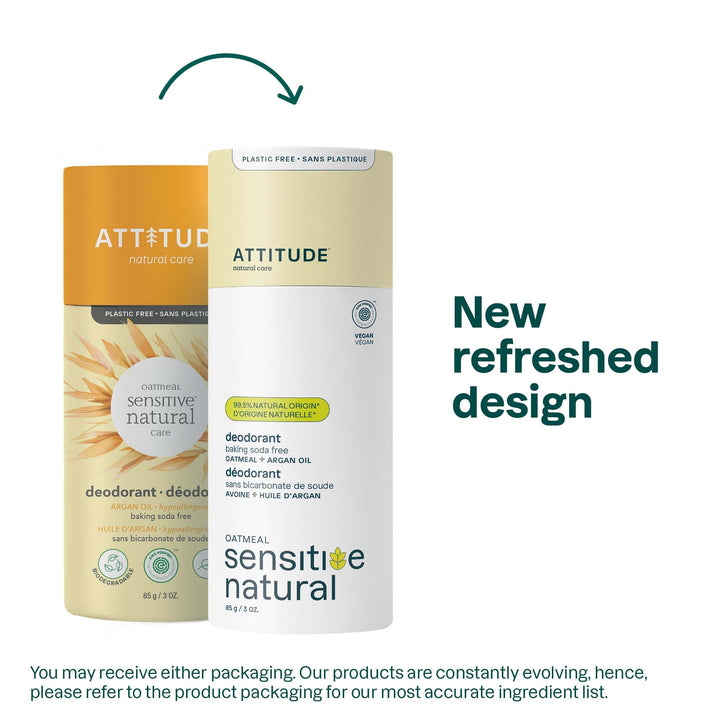 ATTITUDE Baking Soda Free Deodorant for Sensitive Skin with Oatmeal and Argan Oil, EWG Verified, Aluminum Free, Plastic-Free, 3 Ounces