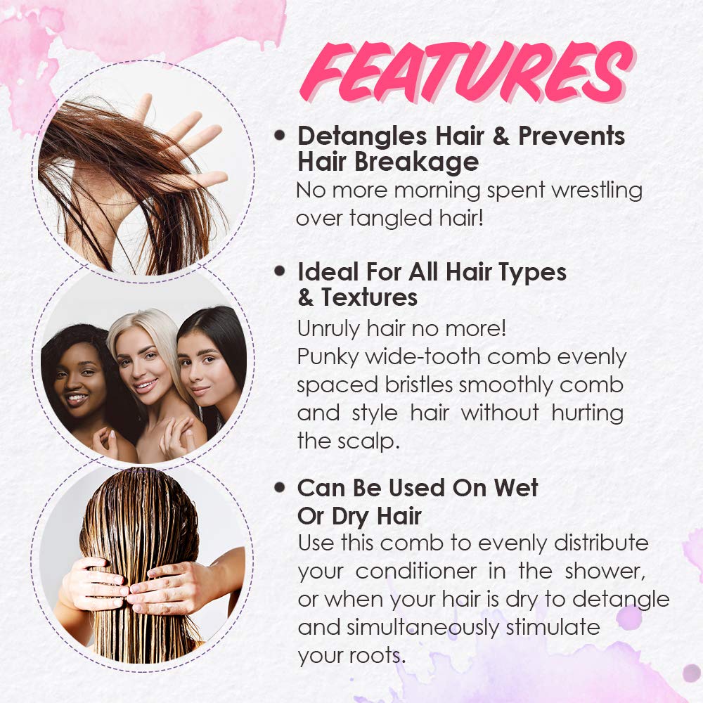 Punky Wide Tooth Comb for Women - Pink, Detangler Comb, No Handle Hair Detangling Combs for Wet, Dry & Curly Hairs