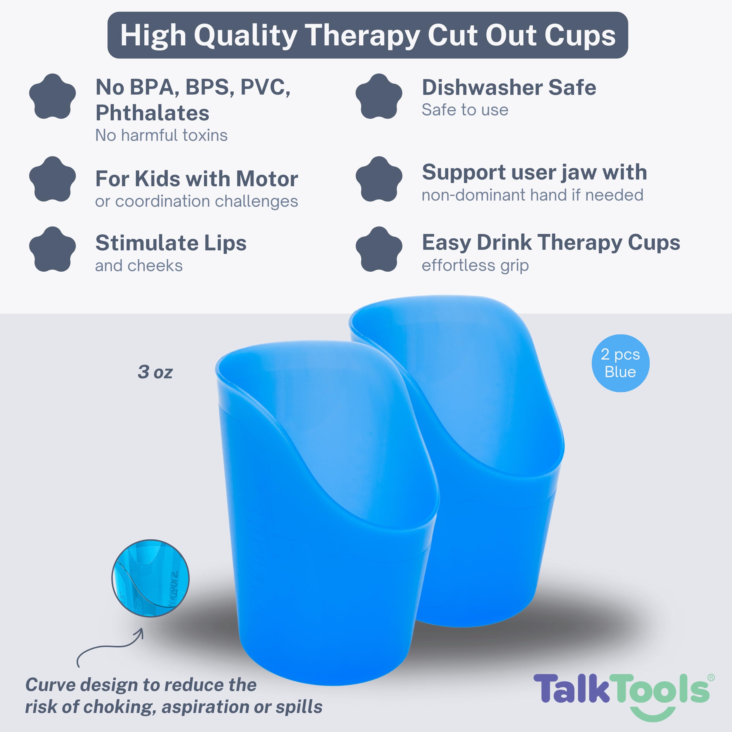 TalkTools Cut Out Cups - Motor and Coordination Support | Drinking Glass for Stable and Fixed Position | Special Drinking and Therapy Training Cup | Easy to Grip and Sipping | 3 oz Blue (2 Pk)