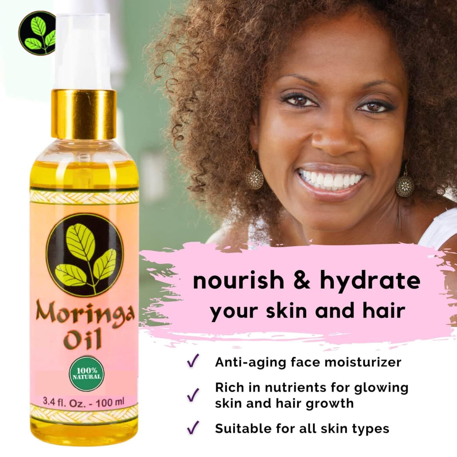 Moringa Oil 3.4 oz – Natural Face, Hair & Body Oil, 100% Pure, Cold-Pressed & Unrefined Moringa Seed Oil, Gluten-Free, Non-GMO, Vegan (100 ml)