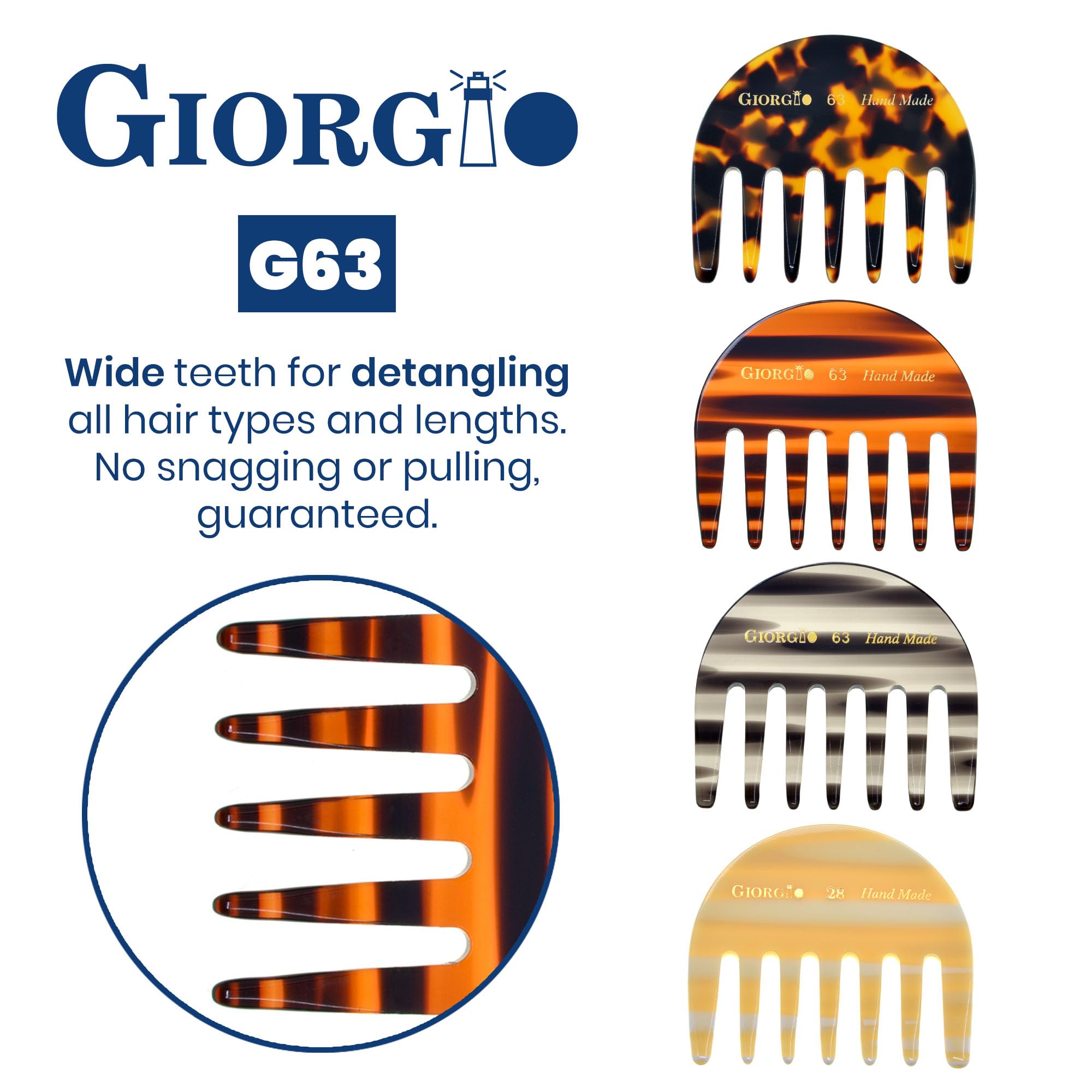 Giorgio G63 2 3/4 Hand Made Tortoise Detangling Comb - Wide Teeth Flexible Comb. Hand-Made of quality Durable Cellulose, Saw-cut and Hand Polished. (2-Pack) : 2-Pack