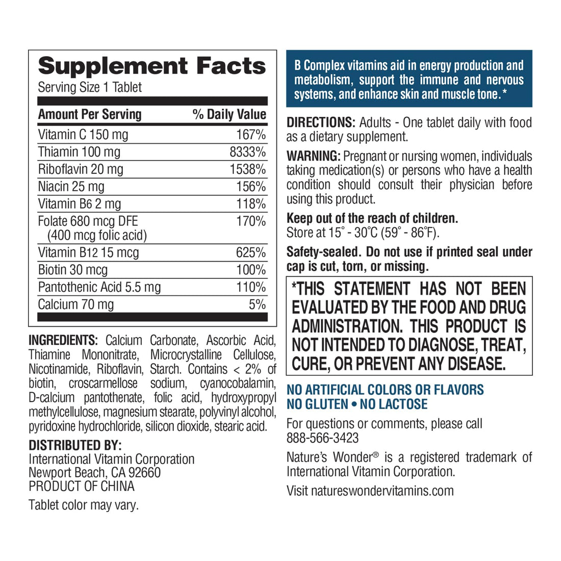 Nature's Wonder Super B Complex with Vitamin C, Vitamin B12, & Folic Acid – Supports Energy Metabolism, Immune Function, Nervous System, Skin & Muscle Health, 150 Tablets