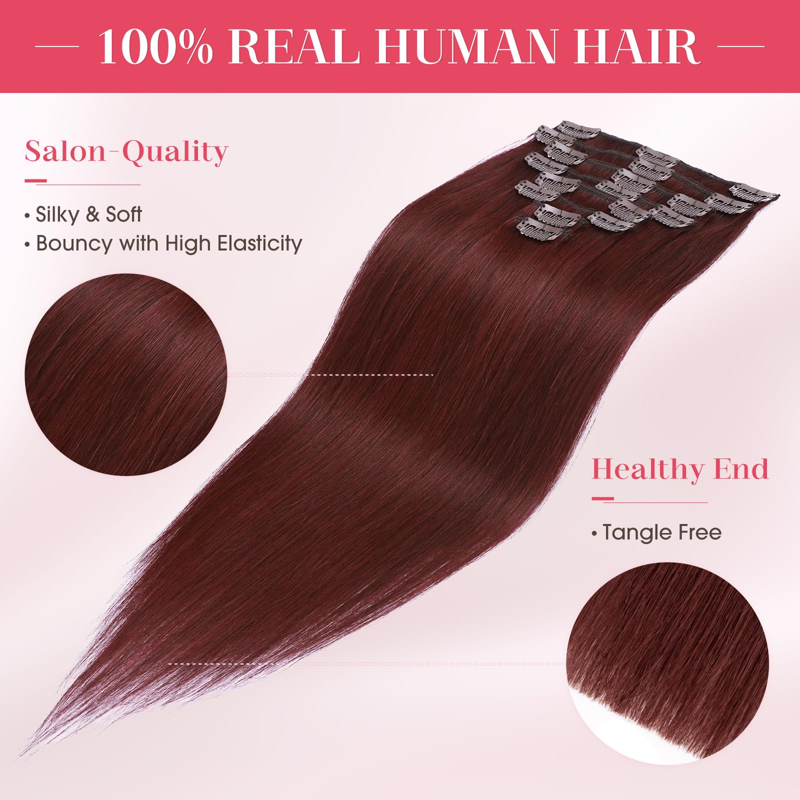 Clip in 100% Remy Human Hair Extensions #99j Wine Red 8-24 Grade 7A Quality Full Head 8pcs 18clips Long Soft Silky Straight for Women Fashion 20 / 20 inch 105g