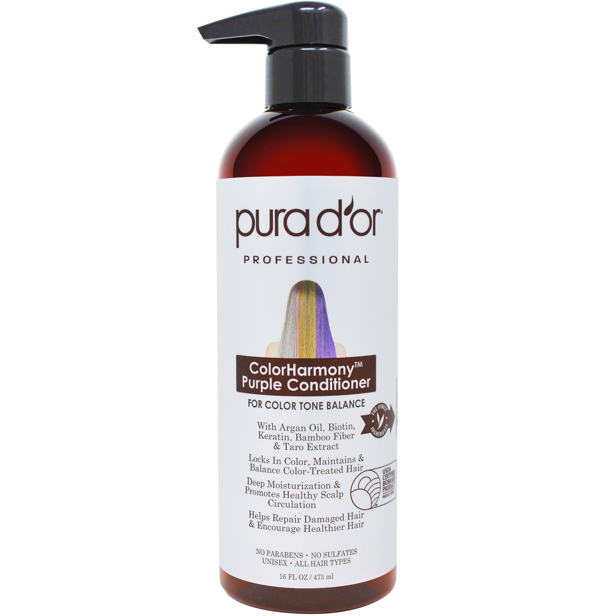 PURA D'OR 16 Oz ColorHarmony Purple Conditioner For Bleached, Blonde, Silver & Color Treated Hair - Keratin, Bamboo Fiber, No Sulfates, Select Natural Ingredients - Men & Women
