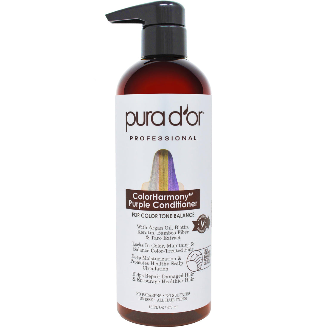 PURA D'OR 16 Oz ColorHarmony Purple Conditioner For Bleached, Blonde, Silver & Color Treated Hair - Keratin, Bamboo Fiber, No Sulfates, Select Natural Ingredients - Men & Women