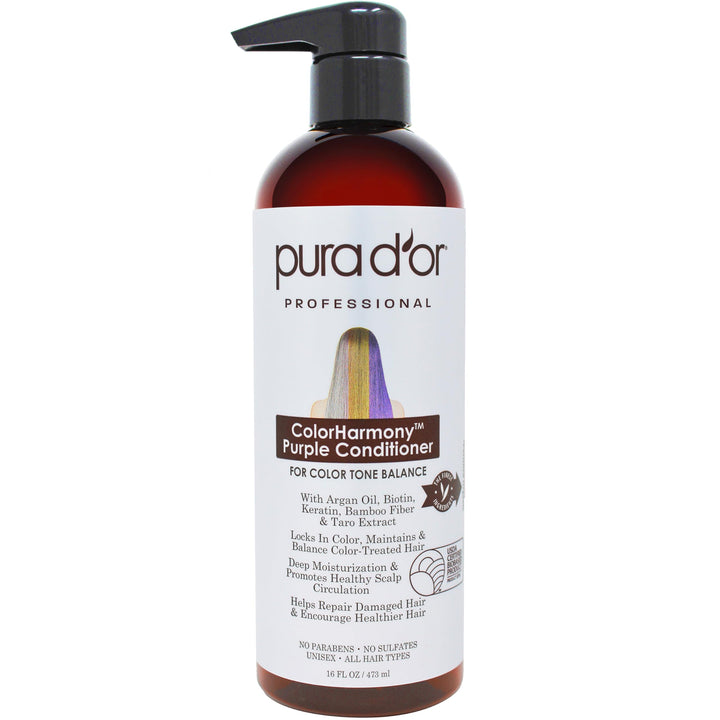 PURA D'OR 16 Oz ColorHarmony Purple Conditioner For Bleached, Blonde, Silver & Color Treated Hair - Keratin, Bamboo Fiber, No Sulfates, Select Natural Ingredients - Men & Women