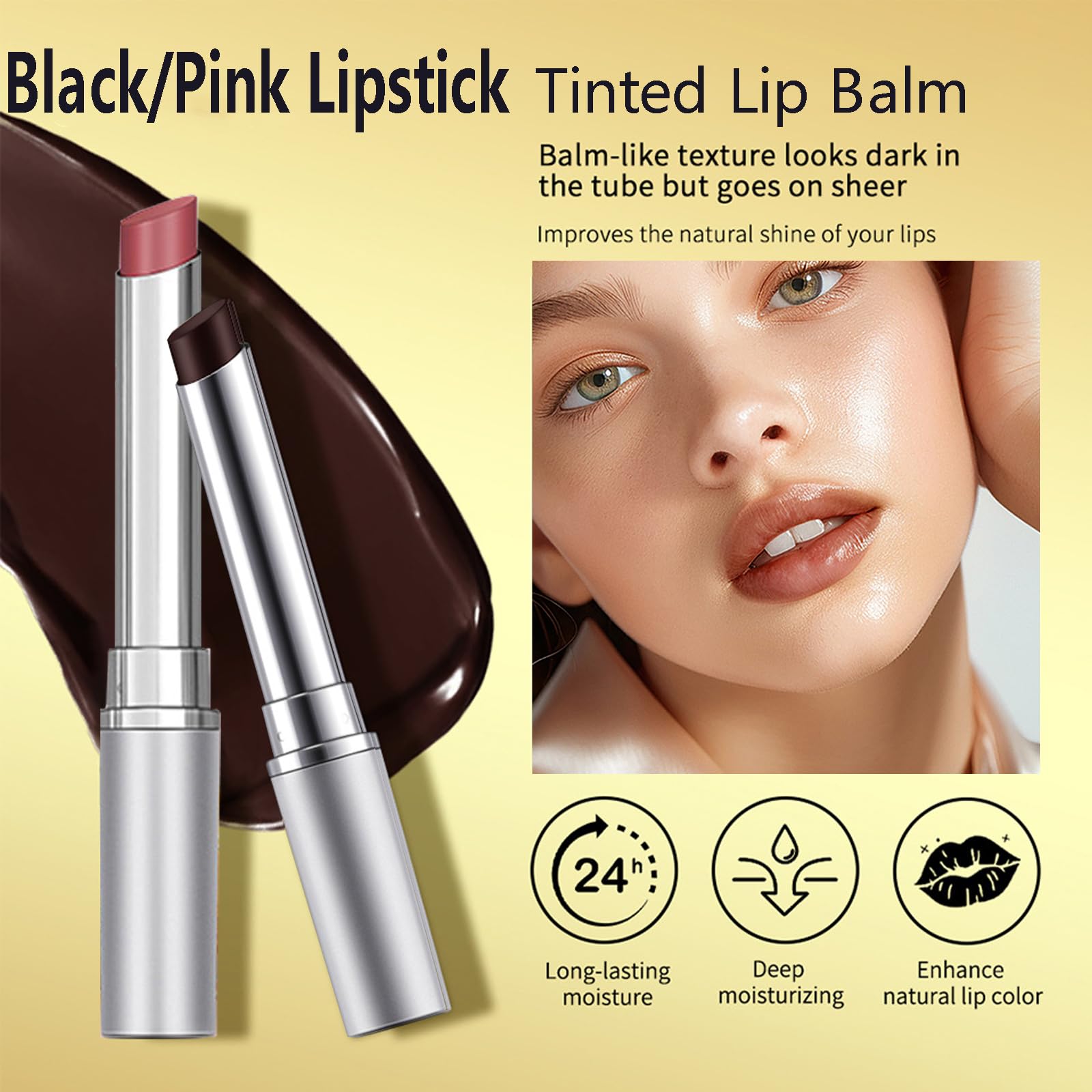 2Pcs Honey Lipstick Tinted Lip Balm, Black and Pink Lipstick, Hydrating Natural Glossy Lip Balm, Sheer Lightweight Color, Moisturizing Lip Makeup Lip Care Balm for Repairing Dry Lips