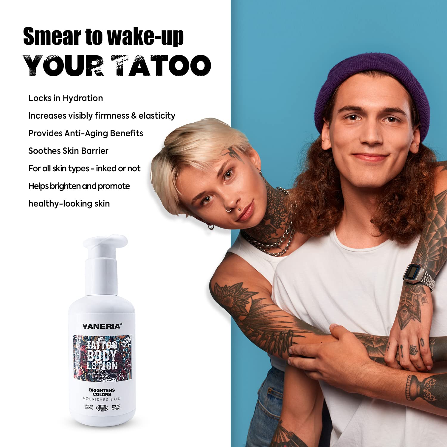 VANERIA Tattoo Lotion Aftercare,Tattoo Moisturizer & Healing Keeps Your Ink Looking Fresh,Tattoo Care Prevents Ink Fading,Non-Greasy,Natural Ingredients,250 Ml/ 8.4 Fl. Oz