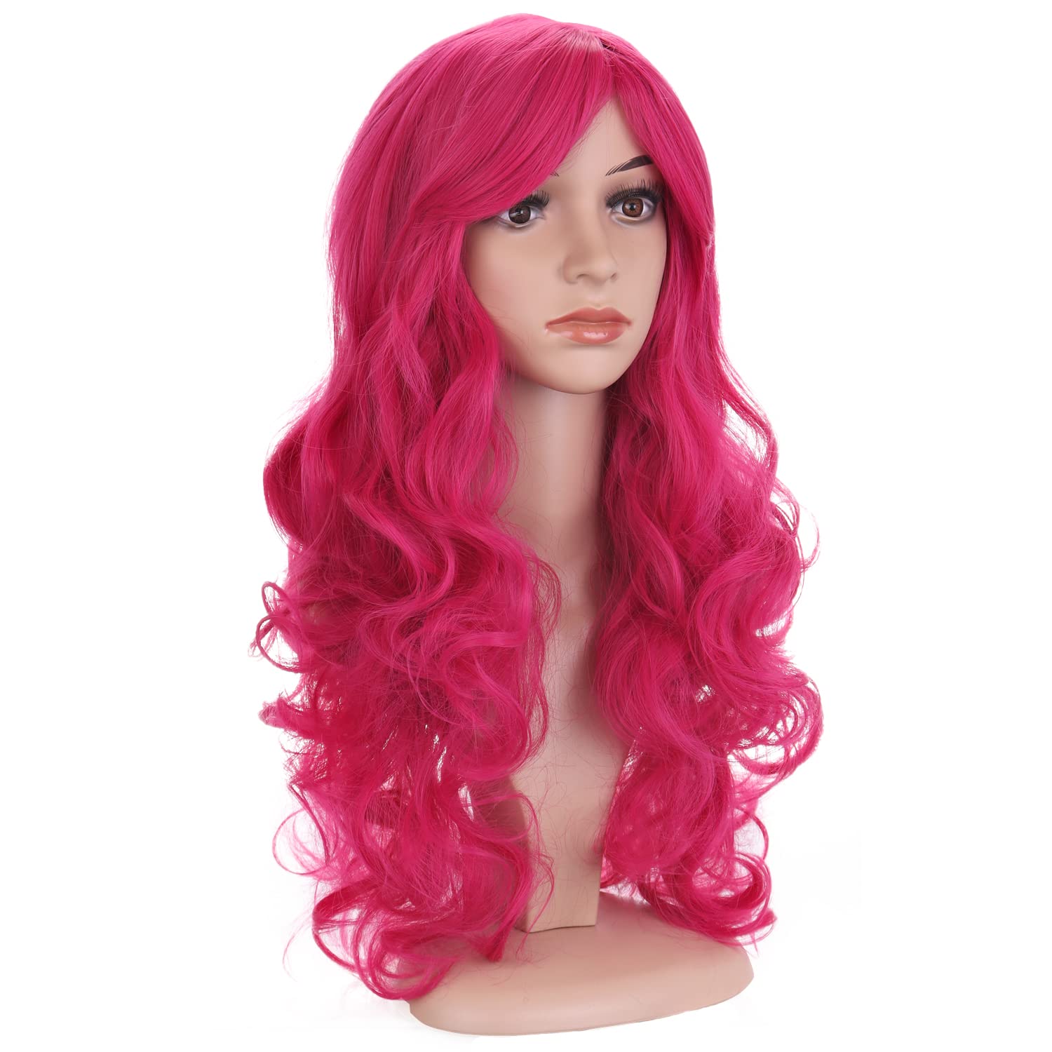 BERON 24 Stylish Long Curly Hot Pink Hair Wig Party Perruque (Hot Pink)