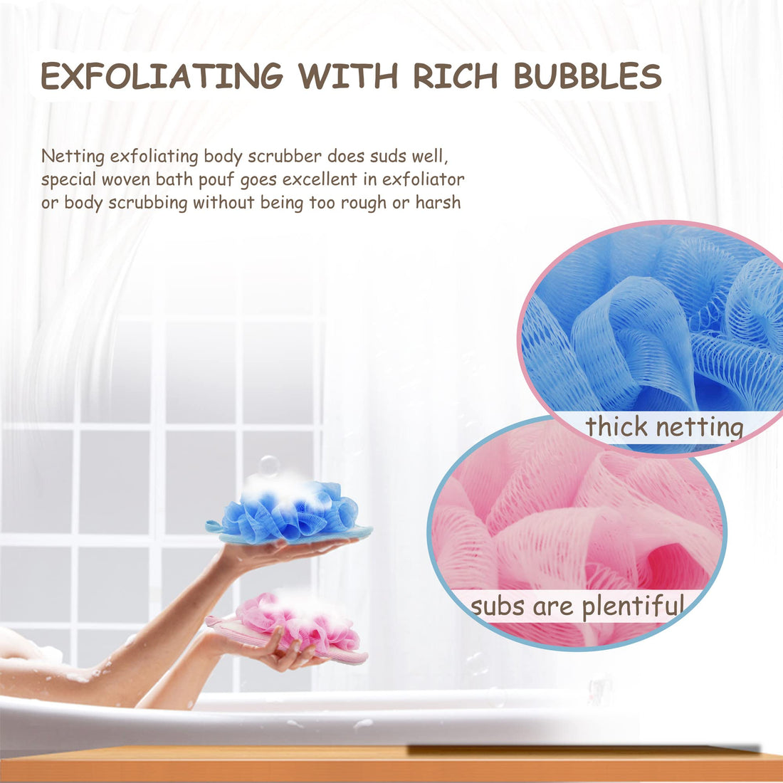 Bleu Bath (2 Pack) Exfoliating Bath Sponge Body Loofah Mitt Pad Shower Pouf Elastic Hand Strap Mesh Sponge Shower Scrubber