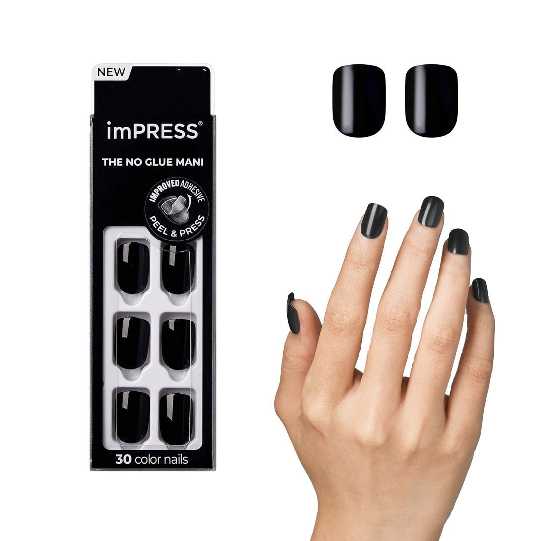 KISS imPRESS Color Press-On Manicure, Gel Nail Kit, PureFit Technology, Short Length, ââ‚¬Å“All Blackââ‚¬Â, Polish-Free Solid Color Mani, Includes Prep Pad, Mini File, Cuticle Stick, and 30 Fake Nails