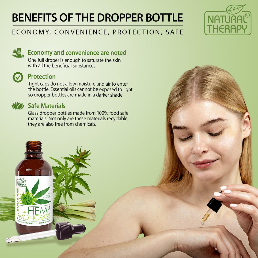 Natural Therapy Body Oil with Hemp & Lemongrass - Dry Skin Moisturizer and Hydrating Massage Oil - Increase Skin Elasticity and Provide Anti-Aging Support for Face and Body (4 fl.oz)
