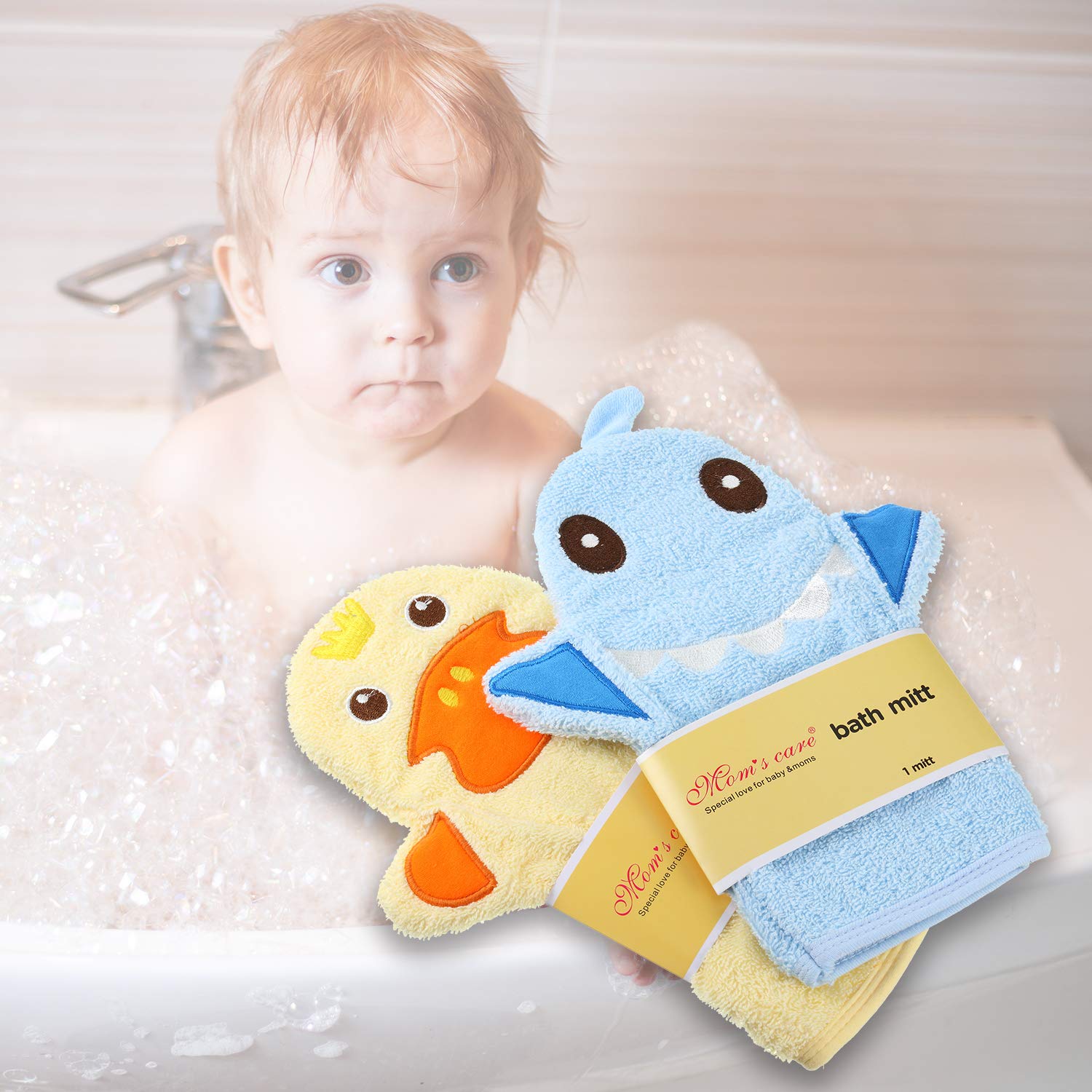 2 Pieces Baby Bath Mitt Washcloths with Cute Animal Designs Yellow Duck Shark Towel Gentle Soft Scrub for Toddler Bath and Shower