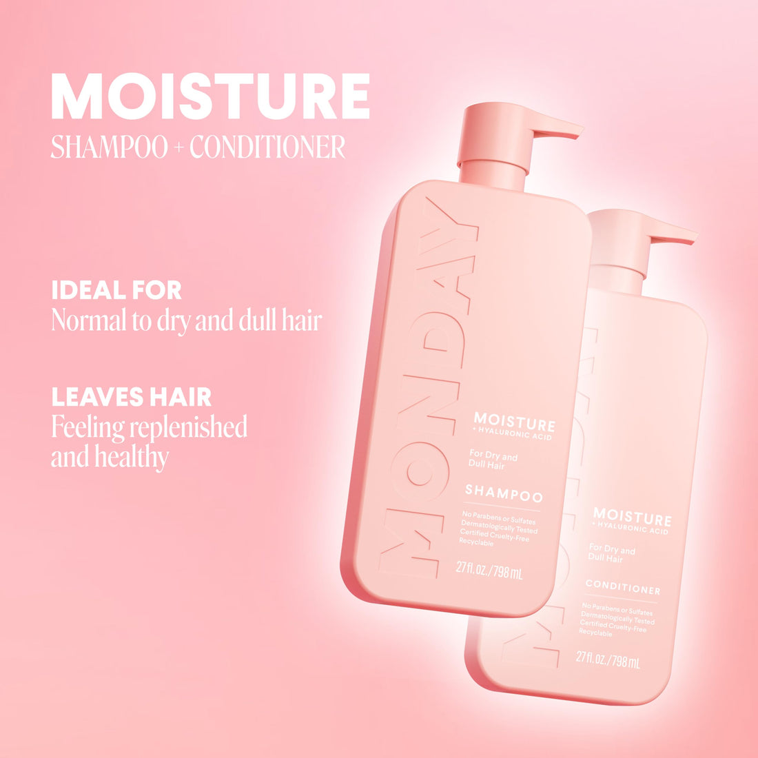 MONDAY HAIRCARE Moisture Shampoo + Conditioner Set (2 Pack) 27oz Each, Dry, Coarse, Stressed, Coily & Curly Hair, Made from Coconut Oil, Rice Protein, Shea Butter, & Vitamin E, 100% Recyclable Bottles