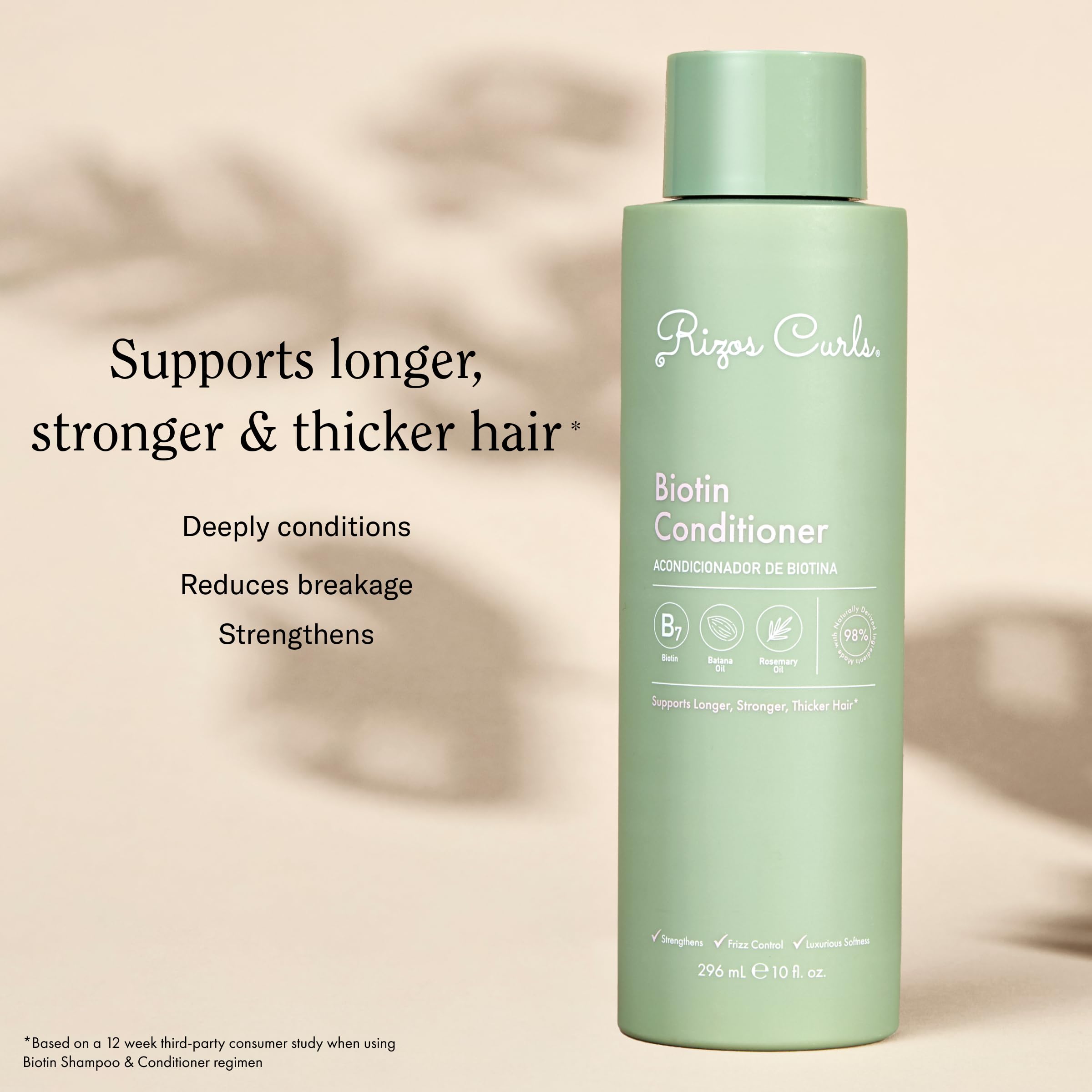 Rizos Curls Biotin Conditioner, Strengthen & Nourish, Rosemary Oil & Oat Protein for Longer and Stronger Hair, Hair is Fuller, Softer & Shinier, 10 oz