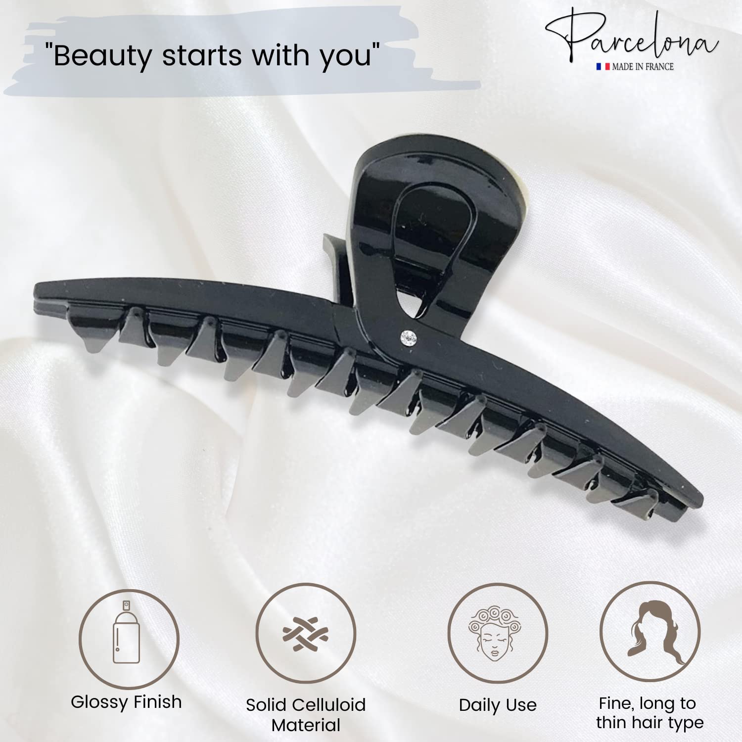 Parcelona France Pinch Black Covered Spring Crystal Jaw Hair Claw Clip Clamp Clutcher with Inner Teeth