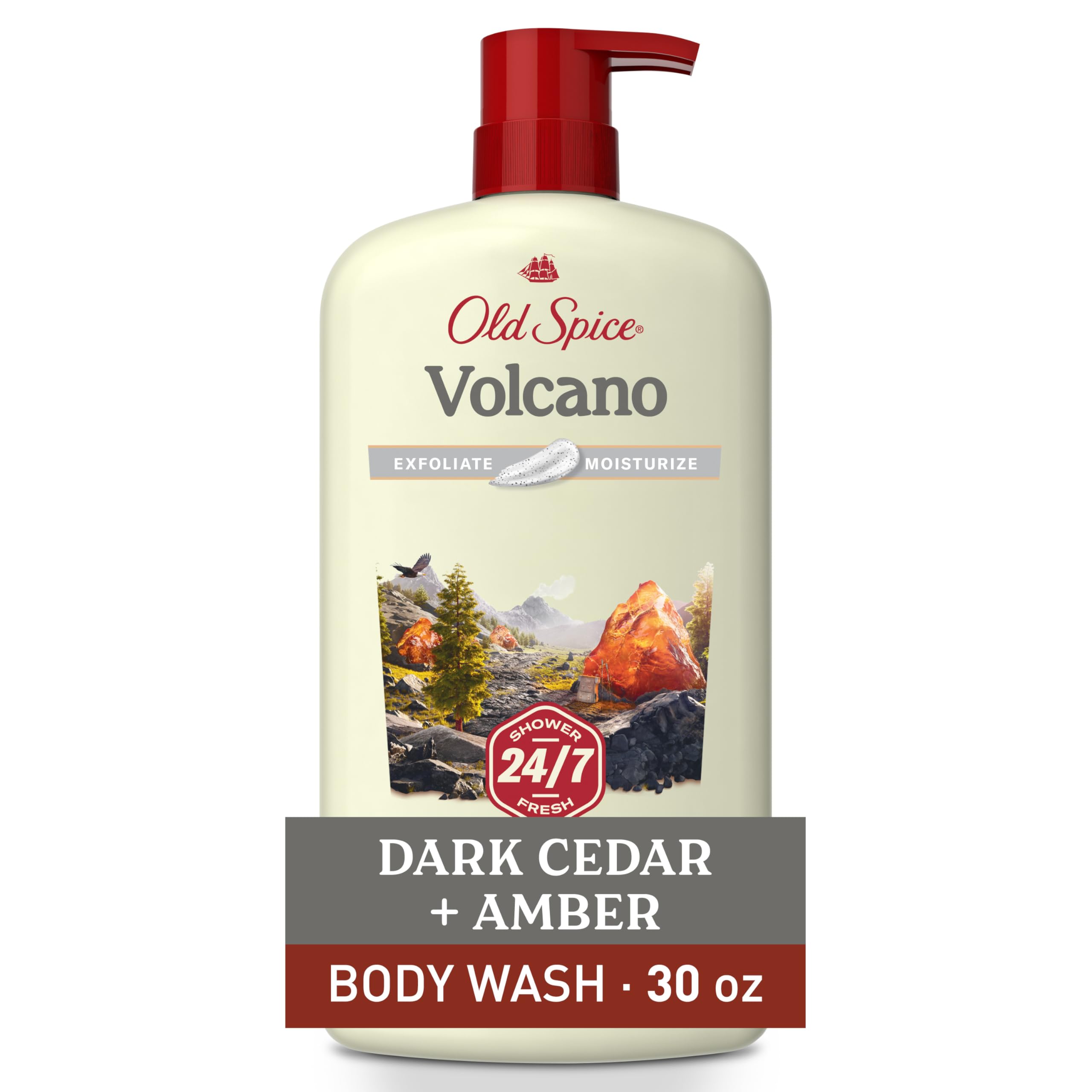 Old Spice Cleansing Body Wash for Men, 24/7 Shower Fresh with Lasting Scent, Exfoliate & Moisture, Gentle on Skin, Vitamin B3, Volcano with Dark Cedar + Amber Scent, 30 oz