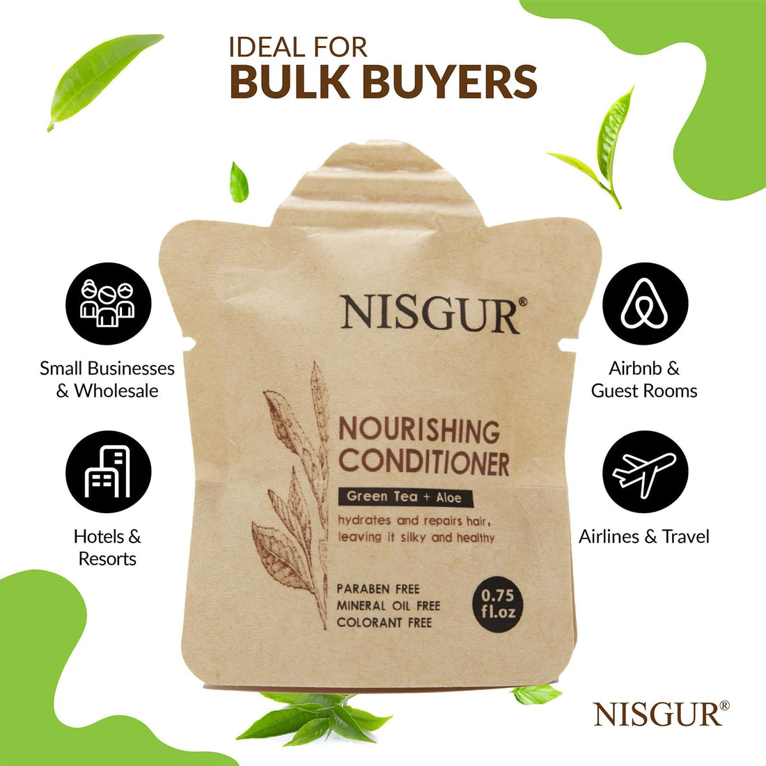NISGUR Hotel Conditioner Bulk 0.75 oz 100 Pack Non Plastic Travel Size Conditioner Paper Pouch Packed Aloe and Green Tea Extract Infused