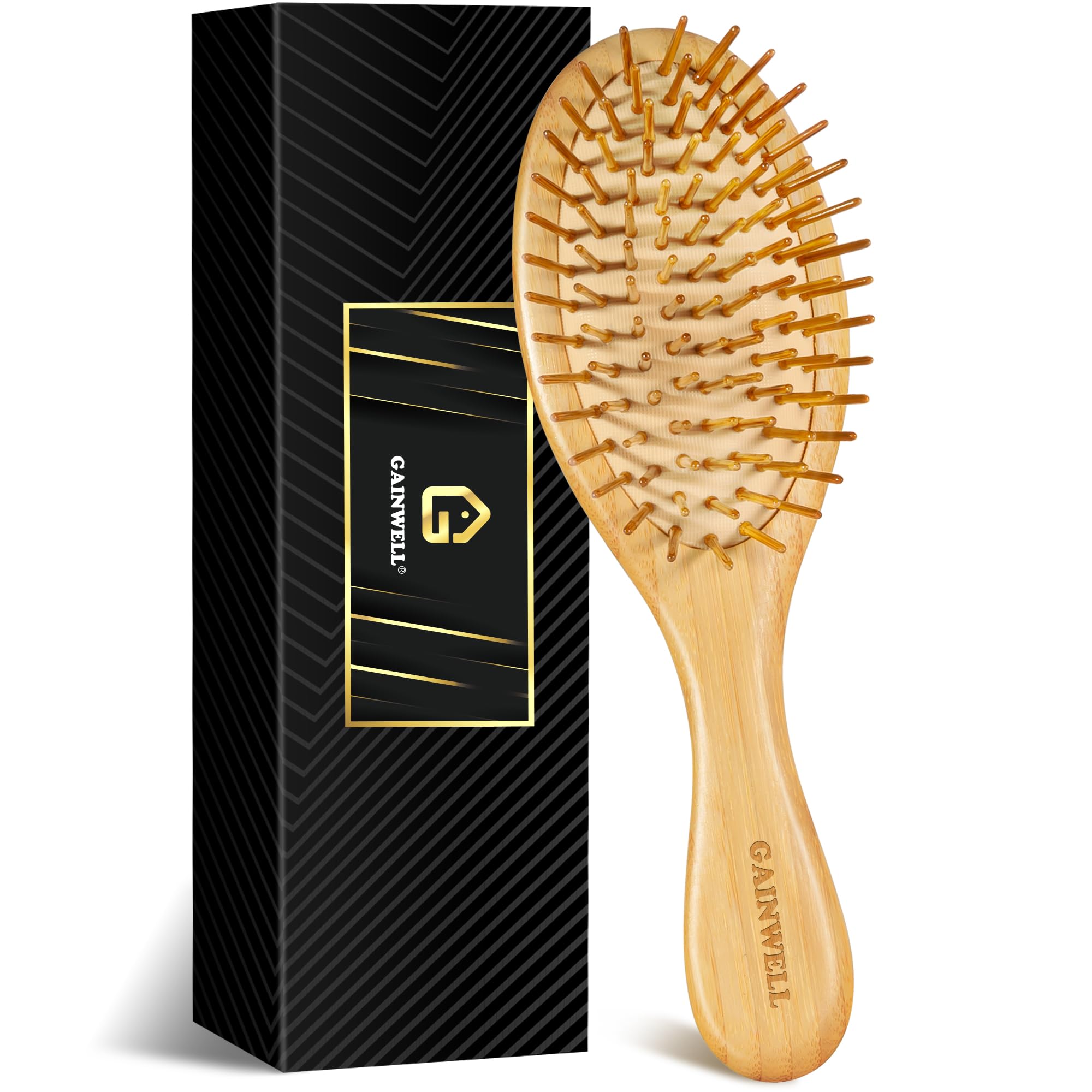 GAINWELL Hair Brush for Hair Growth, Bamboo Bristles Detangling Wooden Paddle Hair Brush for Massaging Scalp, All Hair Types Women Men Kids, Ergonomic Handle, Pointed Bristle