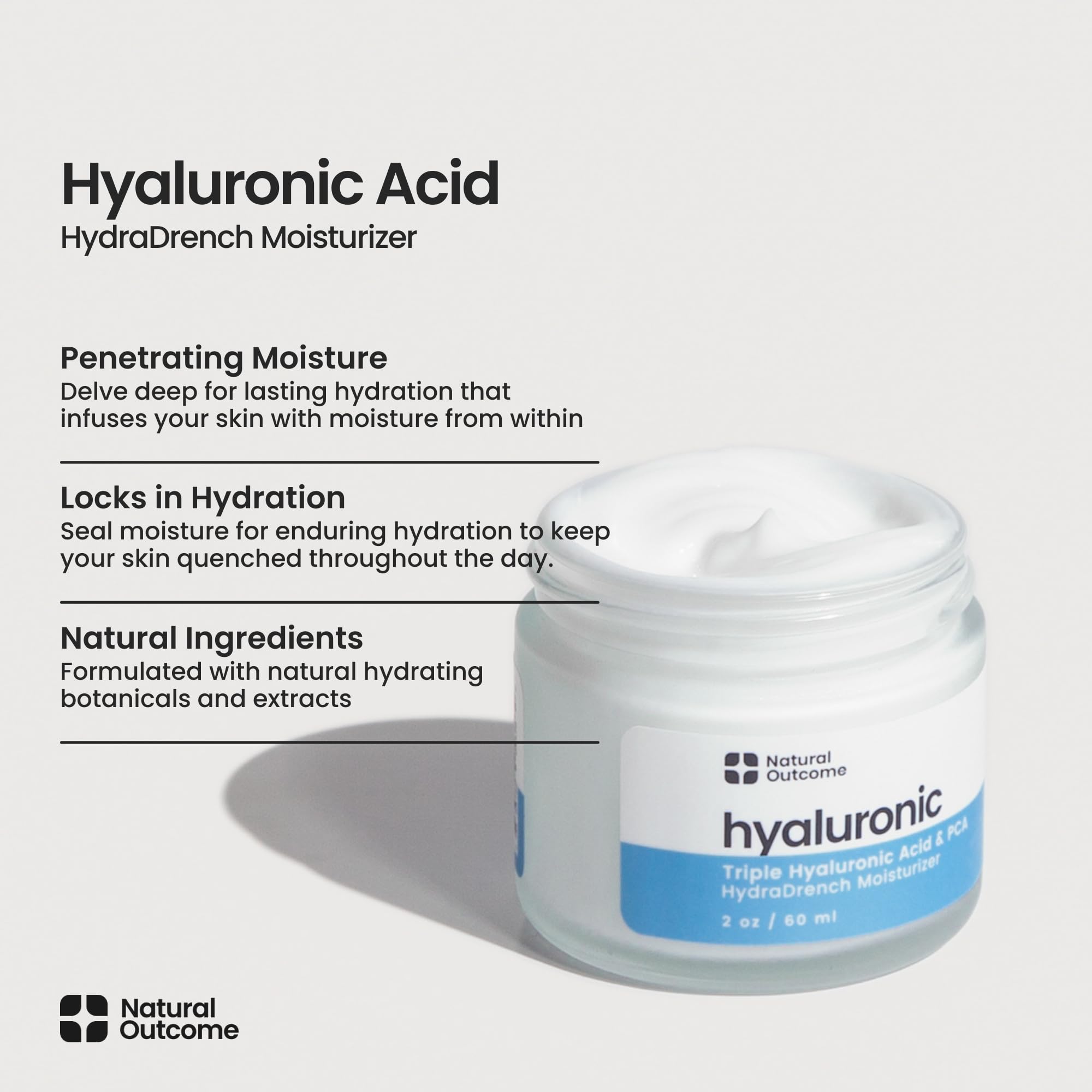 Natual Outcome - Hyaluronic Acid Moisturizer Face Cream for Skin, Daily Day & Night Hydrating Lotion Triple Hyaluronic Acid & PCA - Vegan, Cruelty Free, Fragrance Free 2 OZ