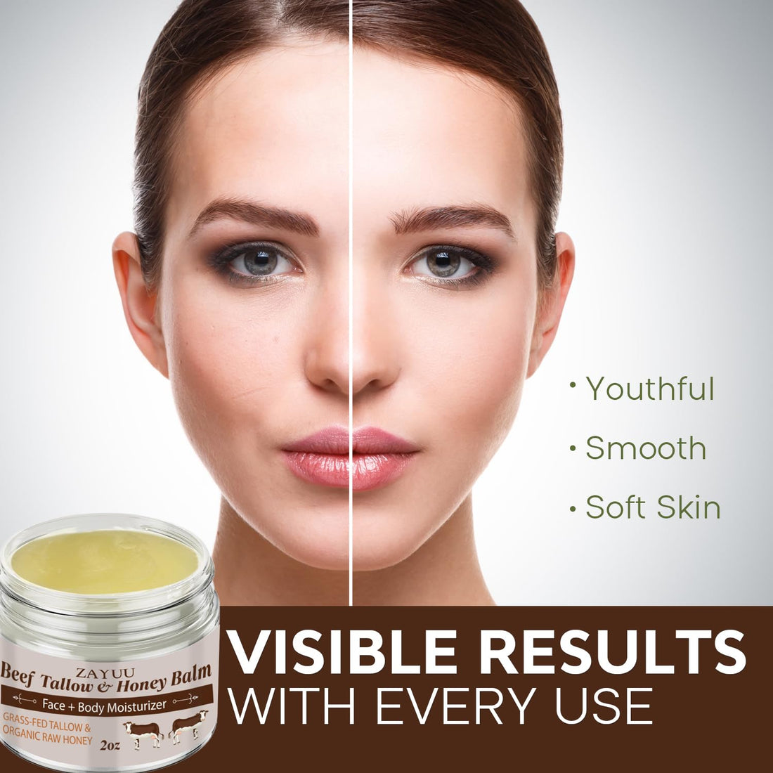 ZAYUU Beef Tallow and Honey Balm for Skin: Tallow Face Moisturizer with Honey - Grass-Fed Beef Tallow & Raw Wild Honey Balm - All-Natural Hydration for Face & Body - 2oz