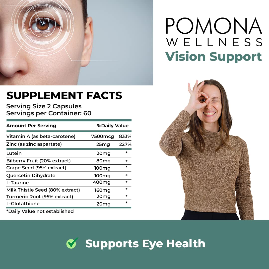 Pomona Wellness Vision Support Supplement Multivitamin for Eye Health, Supports Healthy Vision Function, Dry Eyes and Overall Health with Zinc, Vitamin A, Non-GMO, 120 Capsules (2 Pack)