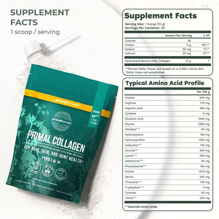 Primal Harvest Collagen Powder for Women or Men Primal Collagen Peptides Powder Type I & III, 10 Oz Collagen Protein Powder for Hair, Skin, Nails (Single, Original)