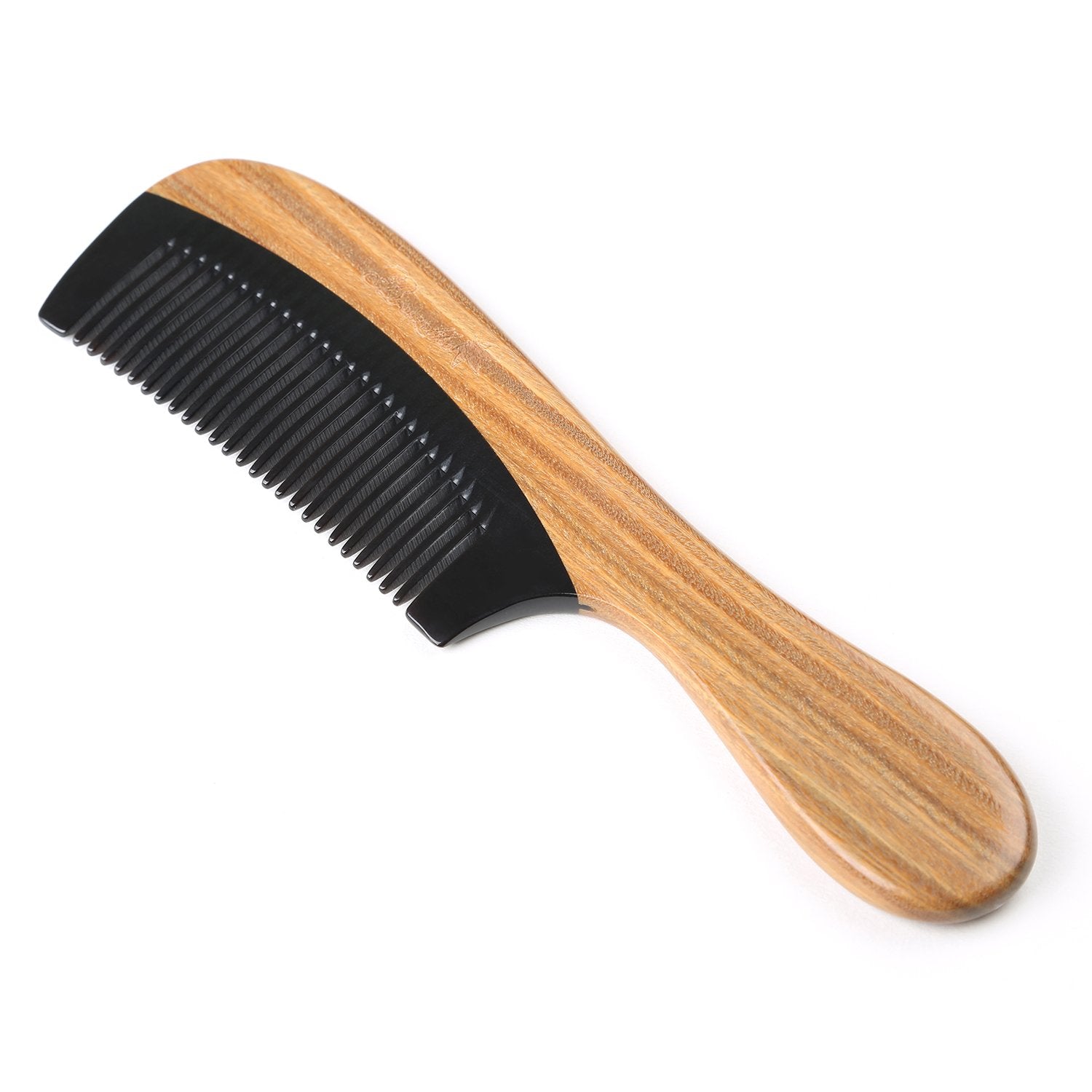 No Static Black Buffalo Horn Comb With Sandalwood Handle (Rounded)