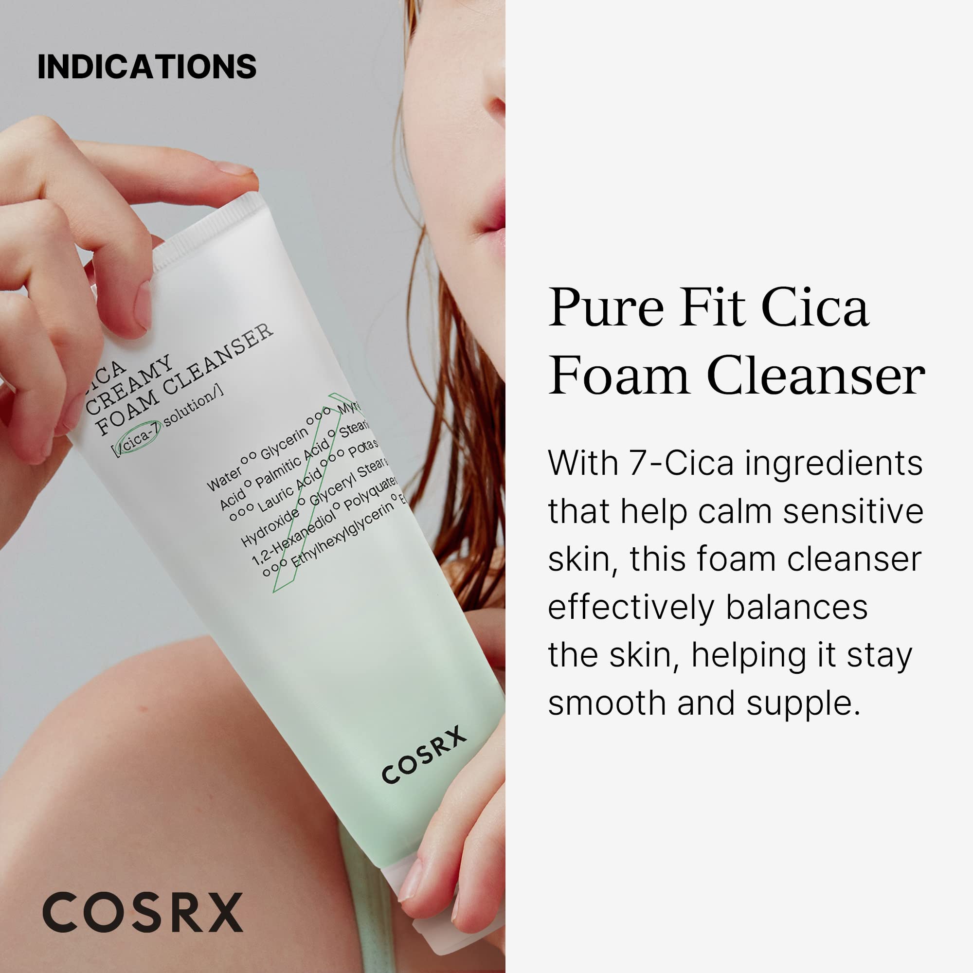 COSRX Pure Fit Cica Creamy Foam Cleanser, 5.07 fl oz / 150ml | Mild Cleanser for Sensitive Skin | 91% Naturally Derived Centella Complex | Animal Testing Free, Paraben Free, Korean Skin Care