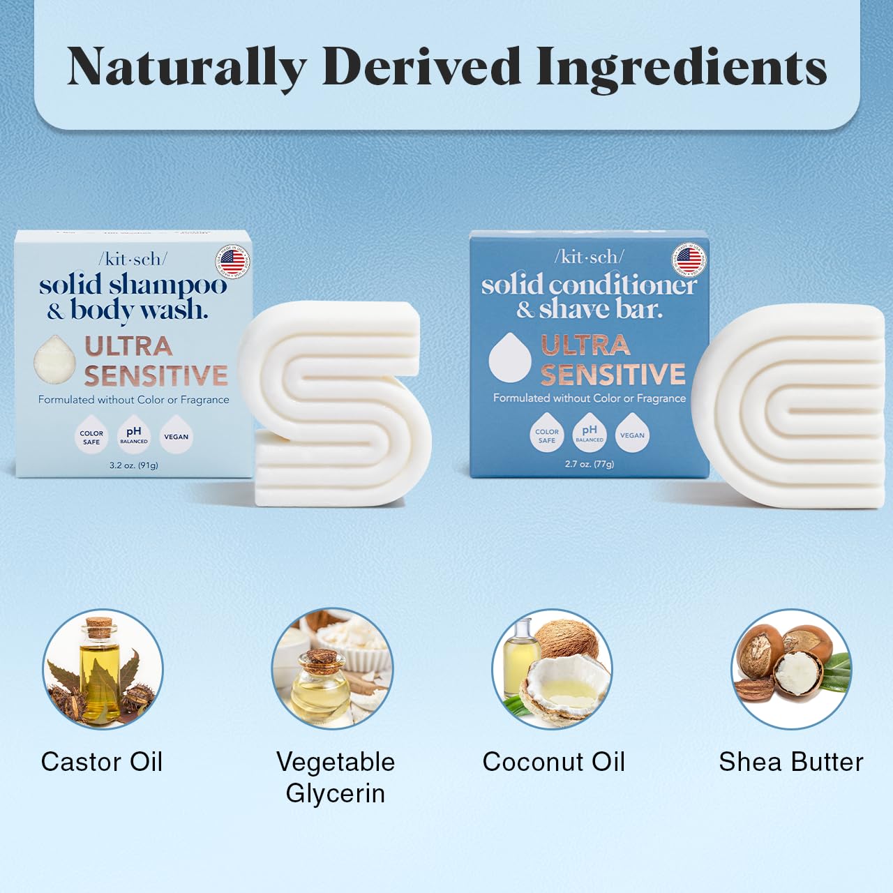 Kitsch 2-in-1 Ultra Sensitive Shampoo & Body Wash for Sensitive Scalp & Skin & 2-in-1 Conditioner & Shave Bar for Hair & Body, Made in US, Vegan Soap Bar, Scent Free & Paraben Free