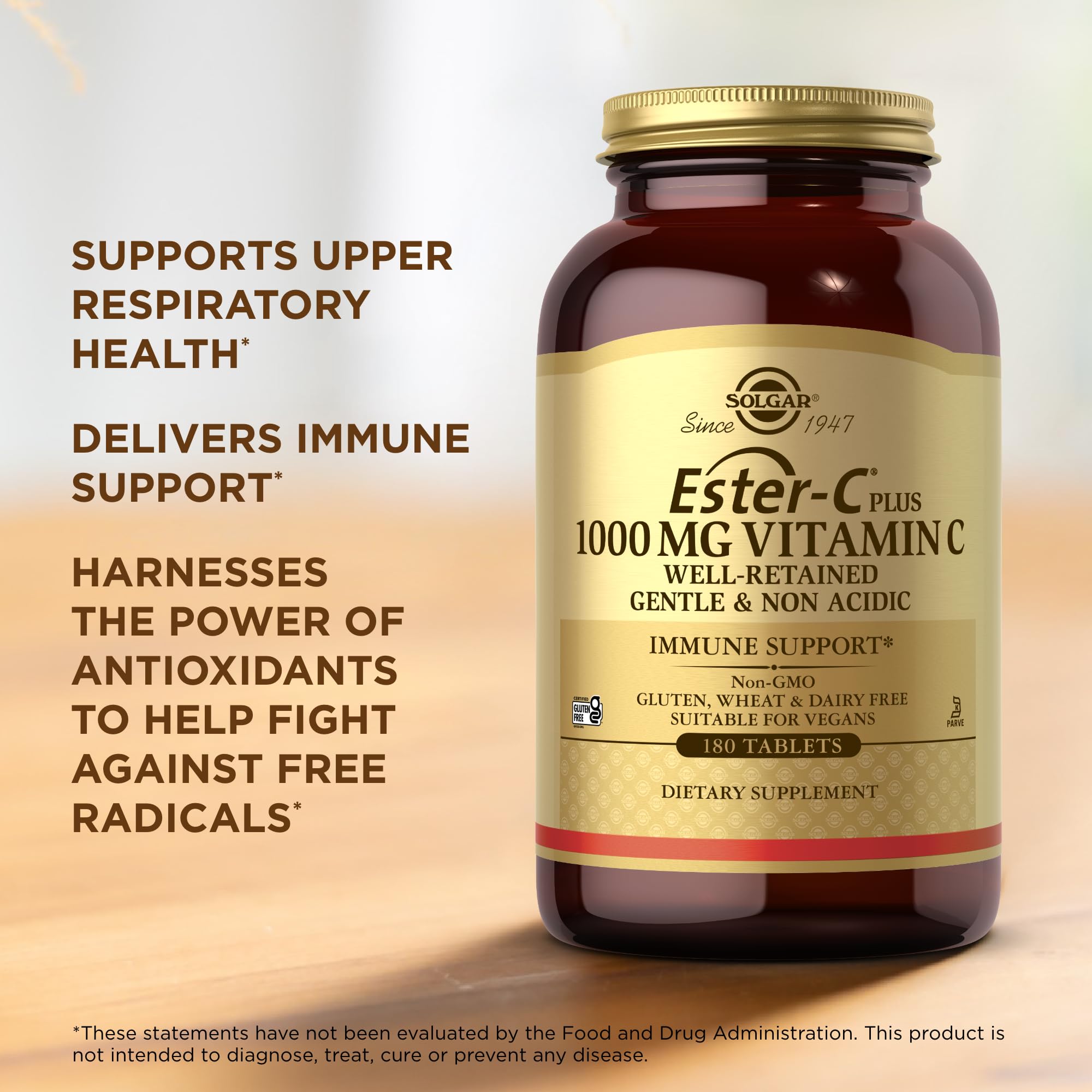 Solgar Ester-C Plus 1000 mg Vitamin C (Ascorbate Complex) - 180 Tablets - Gentle & Non Acidic - Supports Upper Respiratory Health - Non-GMO, Gluten Free - 180 Servings