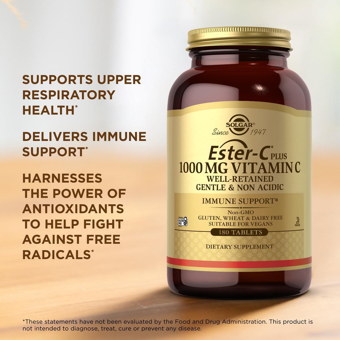 Solgar Ester-C Plus 1000 mg Vitamin C (Ascorbate Complex) - 180 Tablets - Gentle & Non Acidic - Supports Upper Respiratory Health - Non-GMO, Gluten Free - 180 Servings