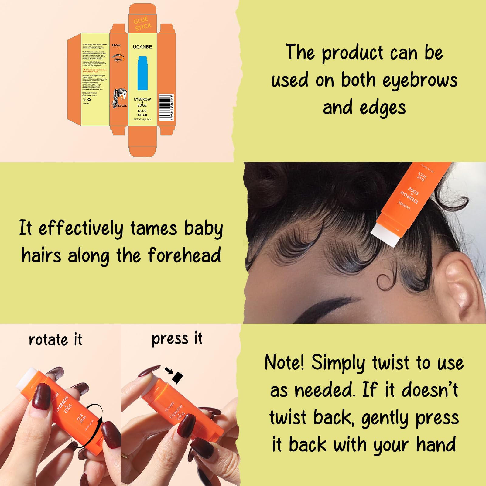 UCANBE 2-IN-1 Eyebrow & Edge Glue Stick,Waterproof Clear Brow Gel, Transfer-Proof, Extreme Hold, Quick-Dry, Lightweight for Styling, Fixing Baby Hair & Makeup