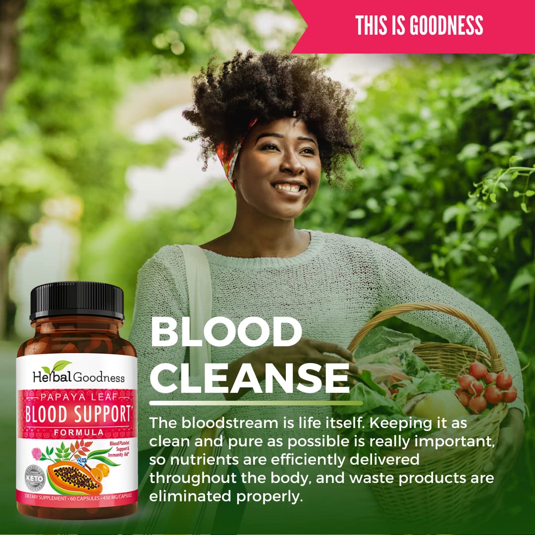 Herbal Goodness Papaya Leaf Blood Support Capsules - Platelet & Bone Marrow Health, Immunity Support & Blood Cleanse - 60/450mg Veggie Capsules (1 Bottle)