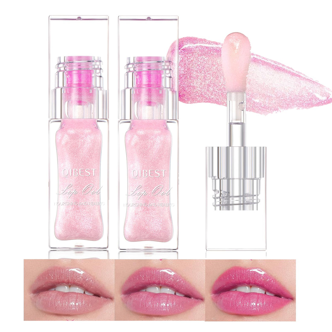 Bekoeen 2Pcs Magic Color Changing Lip Oil - Big Brush Hydrating Glimmer Gloss, Long Lasting Moisturizing Smooth Non-Sticky Balm, Fresh Stain for Girl's Lip Care