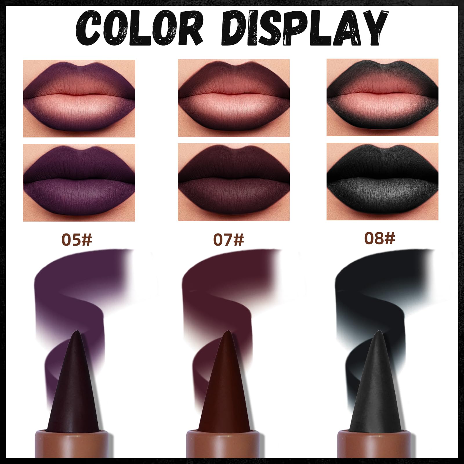 HOSAILY 3 Colors 2 in 1 Gothic Lip Liner Set, Matte Purple Dark Red Black Lip Liner Plumping Smooth Creamy Lip Pencil, High Pigmented Long lasting Lip Stain Lipstick Goth Halloween Makeup, 05+07+08