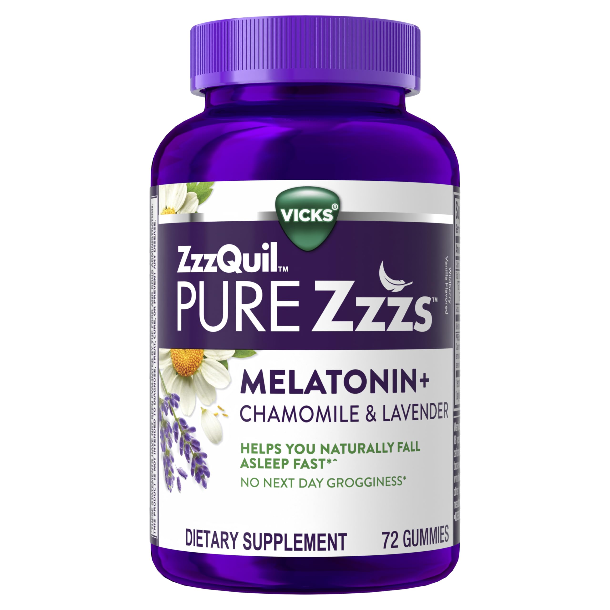 ZzzQuil PURE Zzzs Melatonin Gummies, Sleep Aid, Melatonin 2mg, with Chamomile & Lavender, Melatonin Sleep Gummies, Sleep Aids for Adults, Wildberry Vanilla Flavored, 72 Sleep Gummies