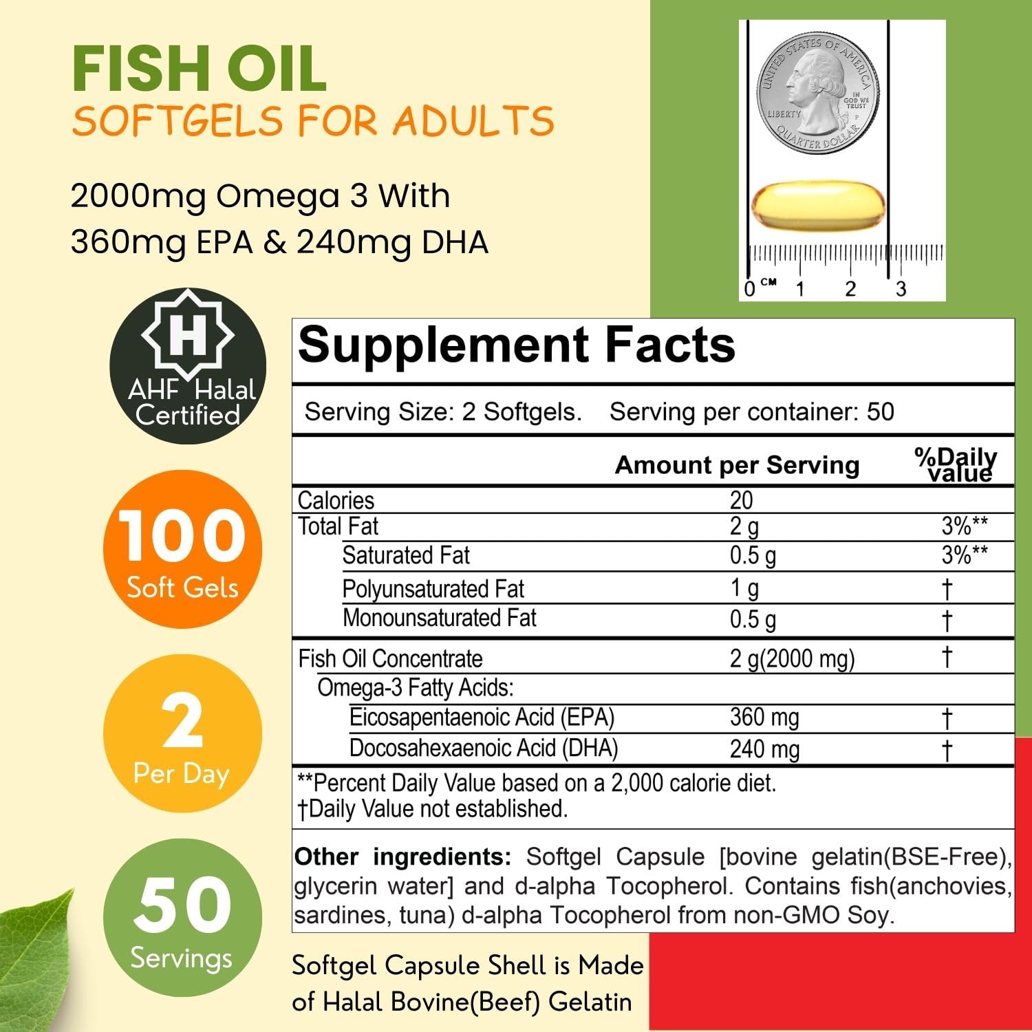 SHIFAA NUTRITION Halal Fish Oil 2000mg Softgels with 360mg EPA & 240mg DHA. 100 Wild Caught & Non-GMO Omega 3 Softgels for Heart & Brain Health. Burpless, Easy-to-Swallow Fish Oil Omega 3 Supplements