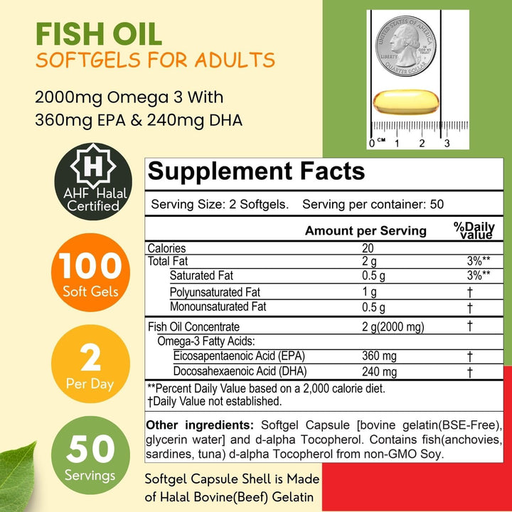 SHIFAA NUTRITION Halal Fish Oil 2000mg Softgels with 360mg EPA & 240mg DHA. 100 Wild Caught & Non-GMO Omega 3 Softgels for Heart & Brain Health. Burpless, Easy-to-Swallow Fish Oil Omega 3 Supplements