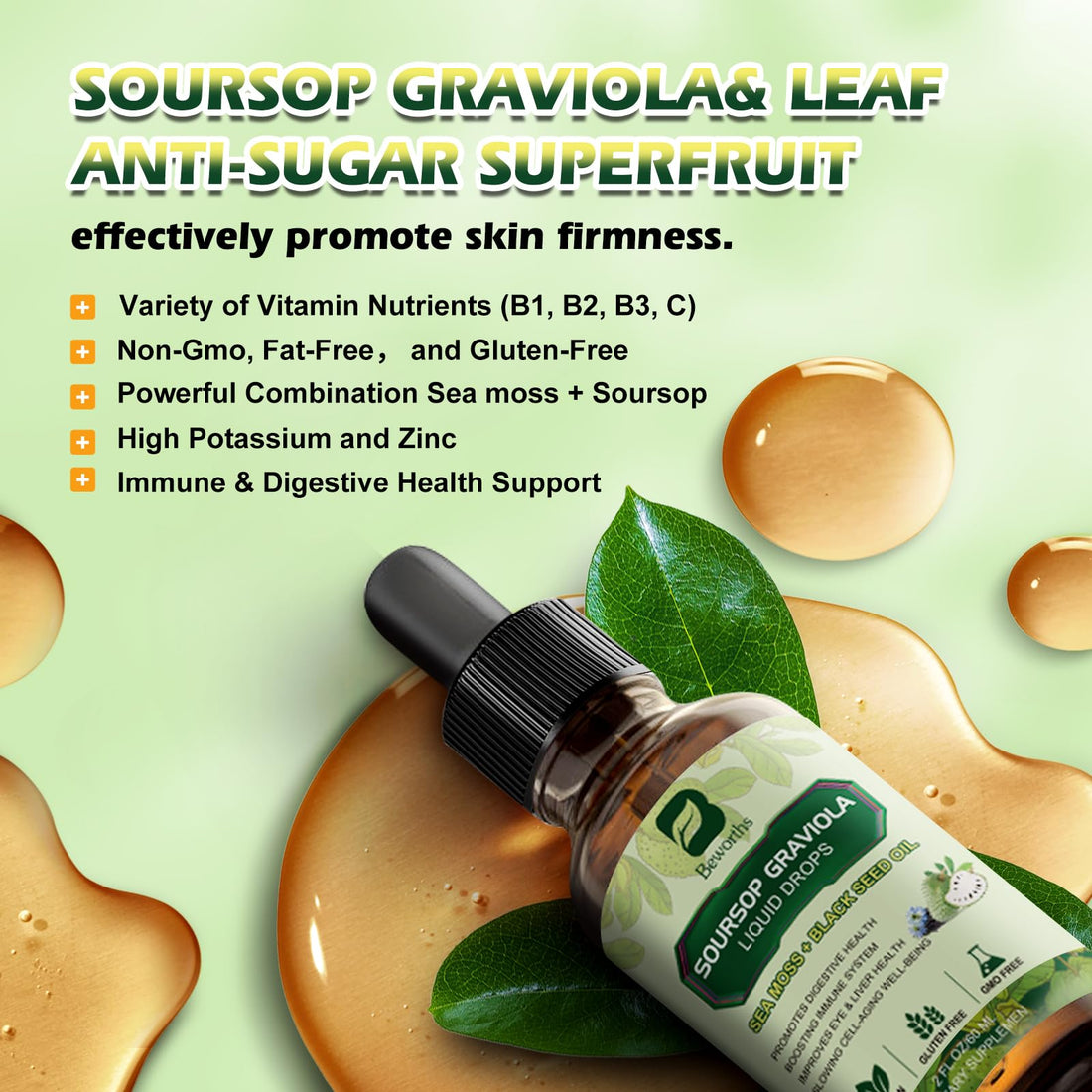 Soursop Bitters Liquid Drops, Soursop Graviola Multivitamin Drops with Sea Moss Black Seed Oil Supplement - Soursop Fruit Supports Antioxidant, Slowing Cell-Aging, Gut Cleanse, Detox & Immunity